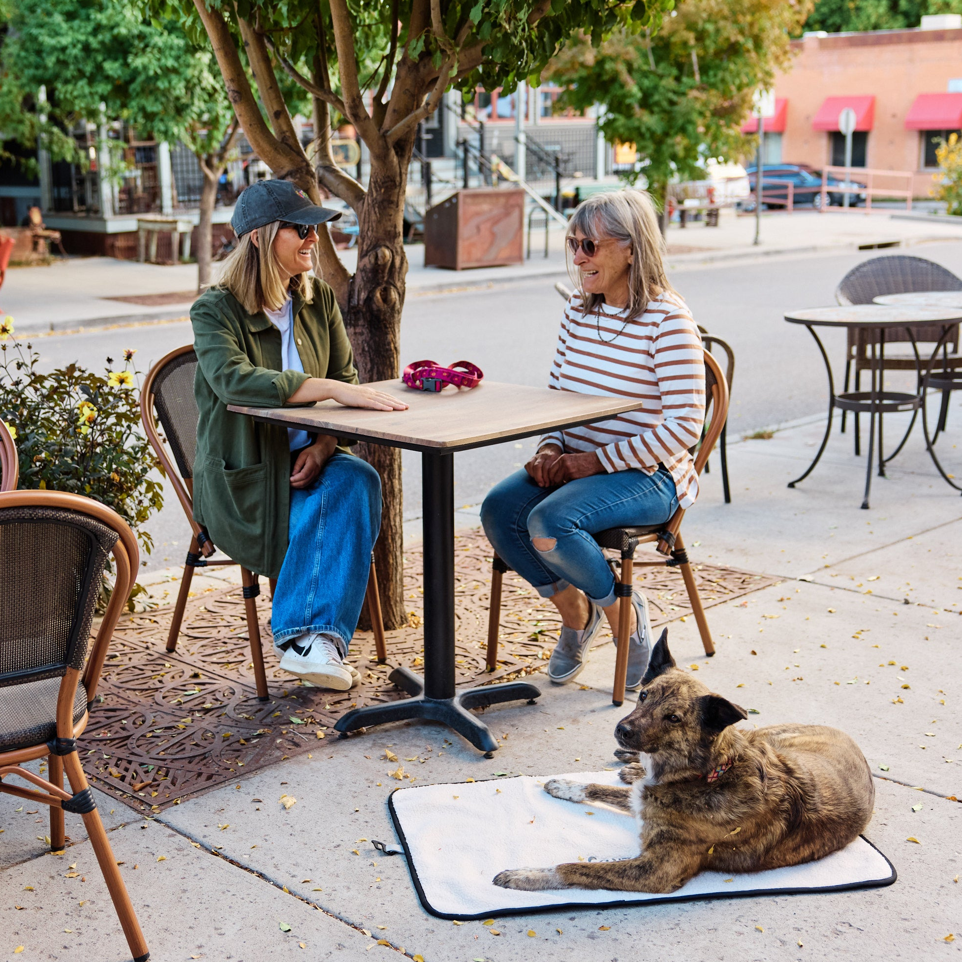 Two women sitting at an outdoor cafe table with a dog on a My Place dog bed nearby.