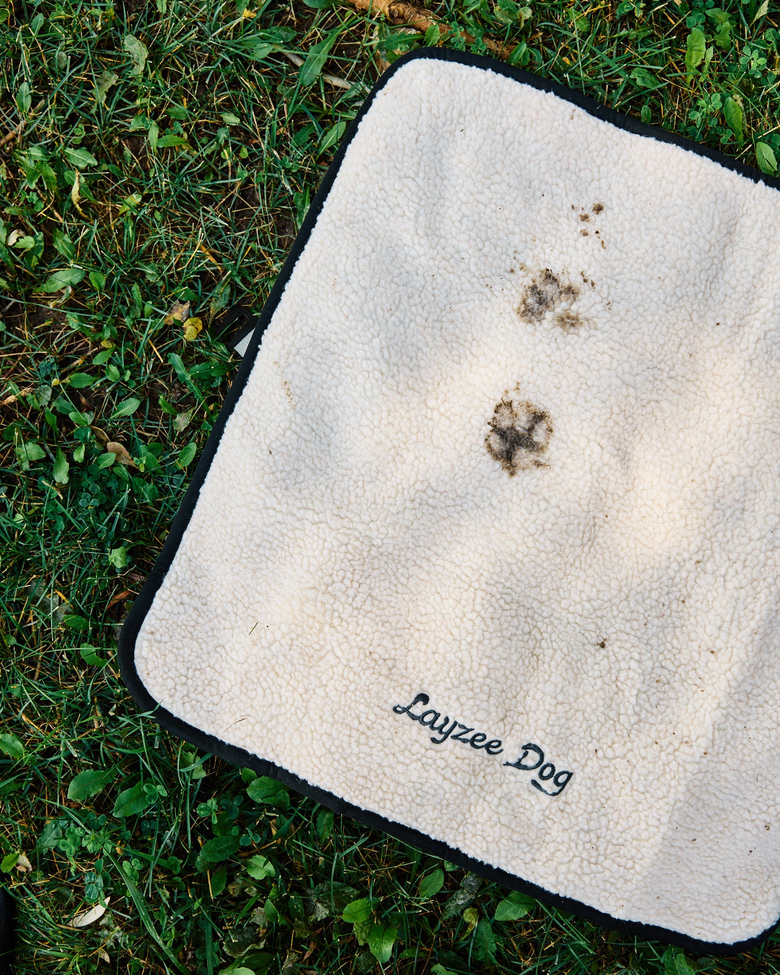 A Creme Brulee Layzee Dog My Place machine washable dog bed with muddy dog prints